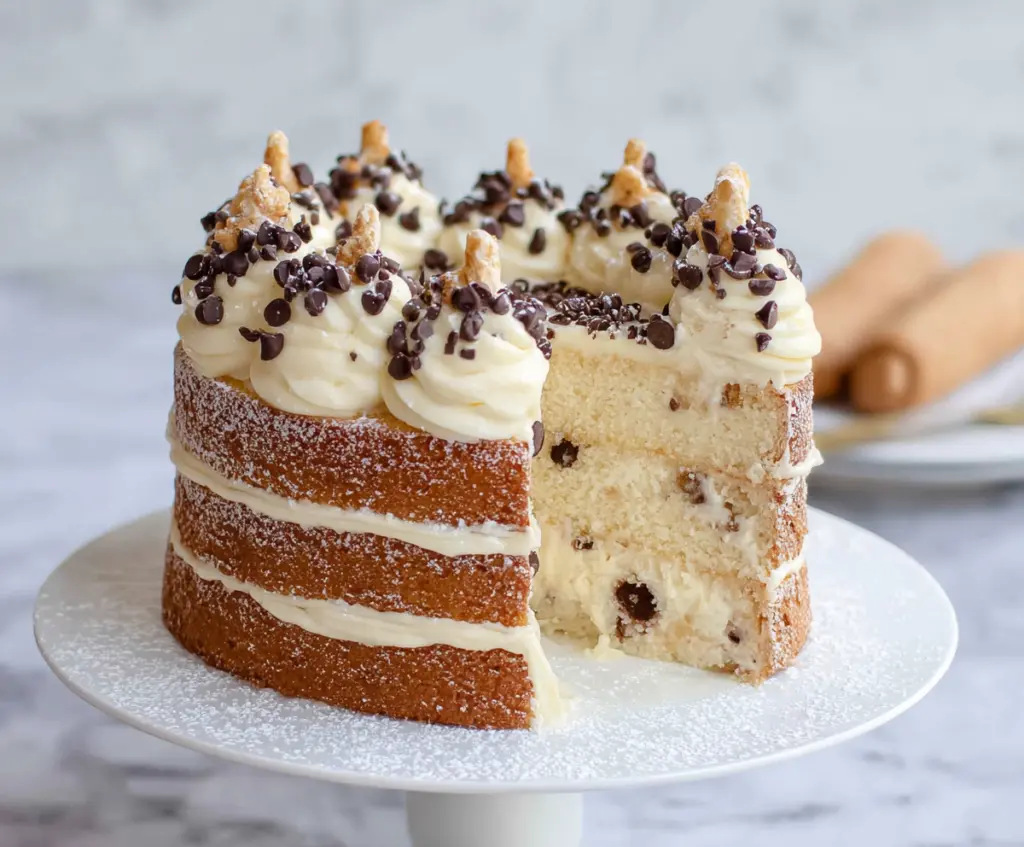 Delicious Cannoli Cake with creamy ricotta filling and crispy Sicilian pastry layers.