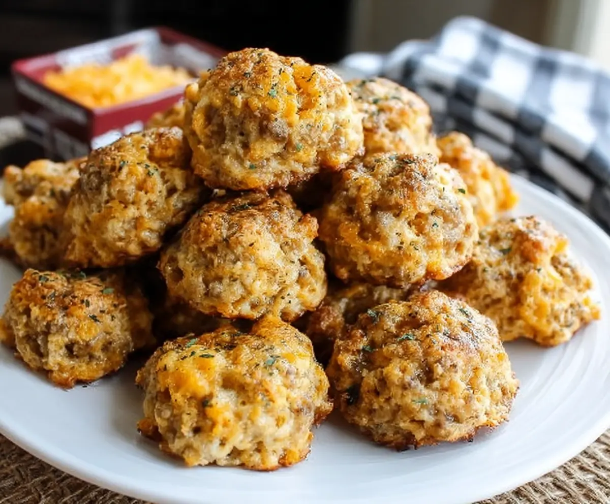 Delicious Cheddar Bay Sausage Balls, a savory appetizer with melted cheese and sausage bites.