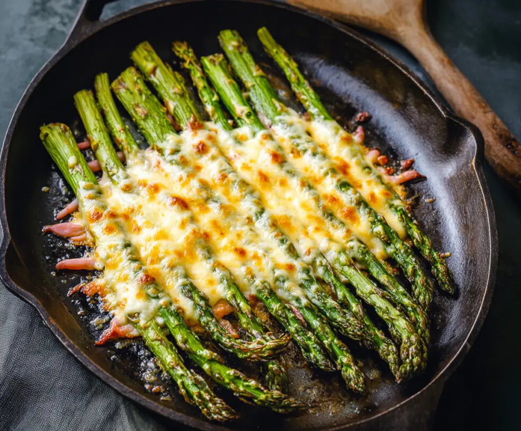 Delicious cheesy baked asparagus topped with melted cheese, ready to serve as a healthy appetizer.
