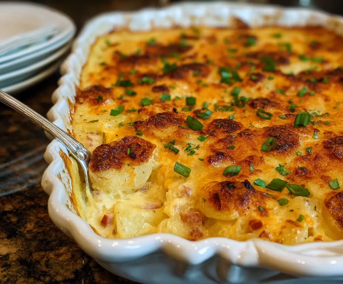 Delicious cheesy ham and potato casserole served hot, with melted cheese and savory ingredients.