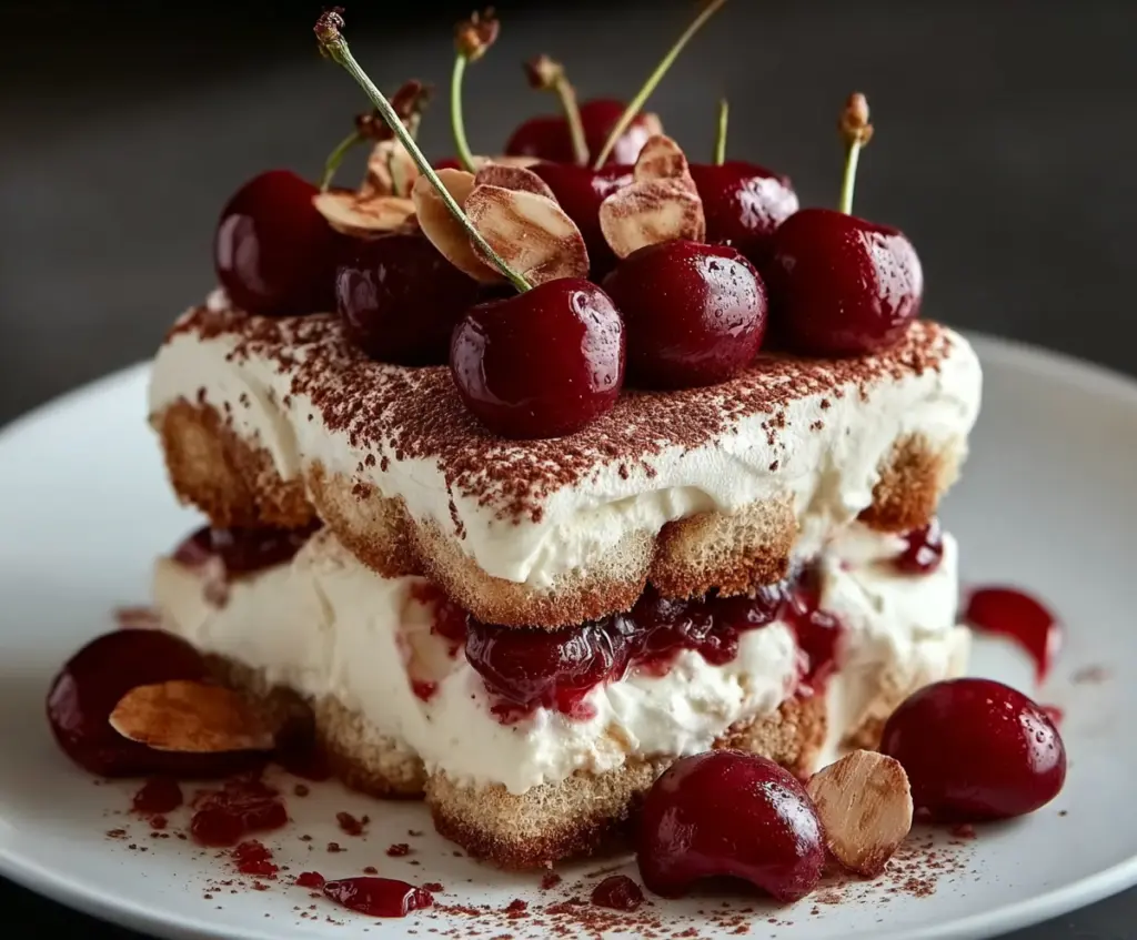 Delicious Cherry Amaretto Tiramisu in a glass dessert bowl with layered mascarpone and cherry topping
