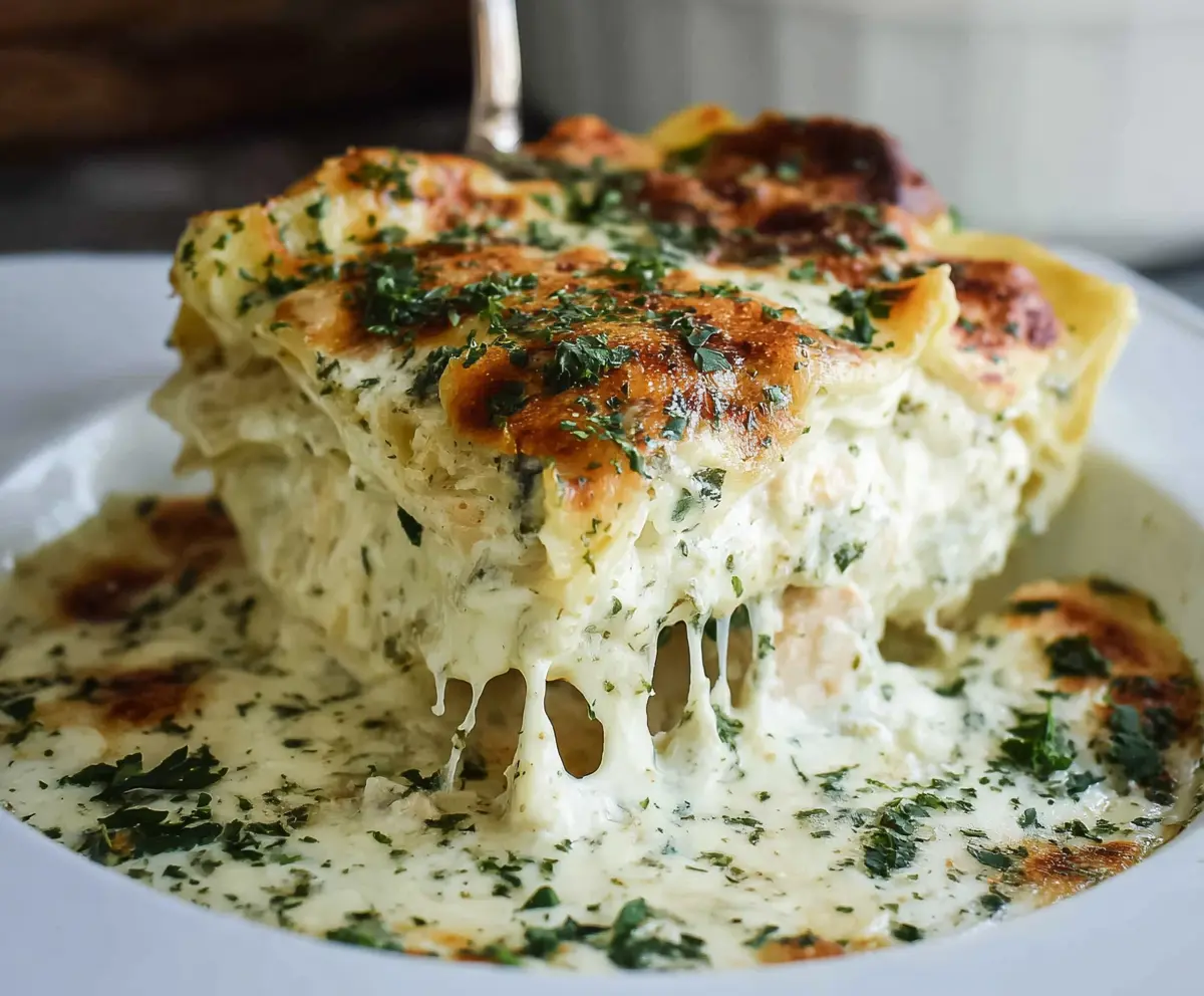 Delicious Chicken Alfredo Lasagna with creamy sauce and melted cheese in a baking dish.