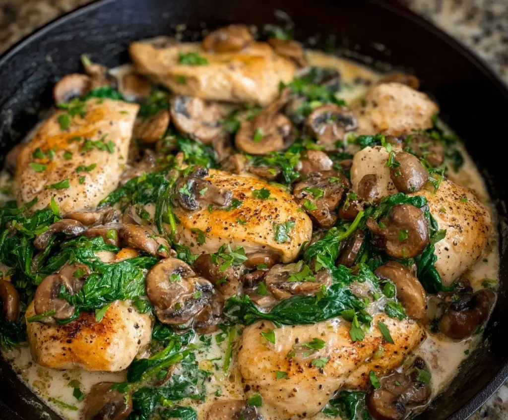 Delicious chicken mushroom spinach skillet served in a skillet with fresh herbs