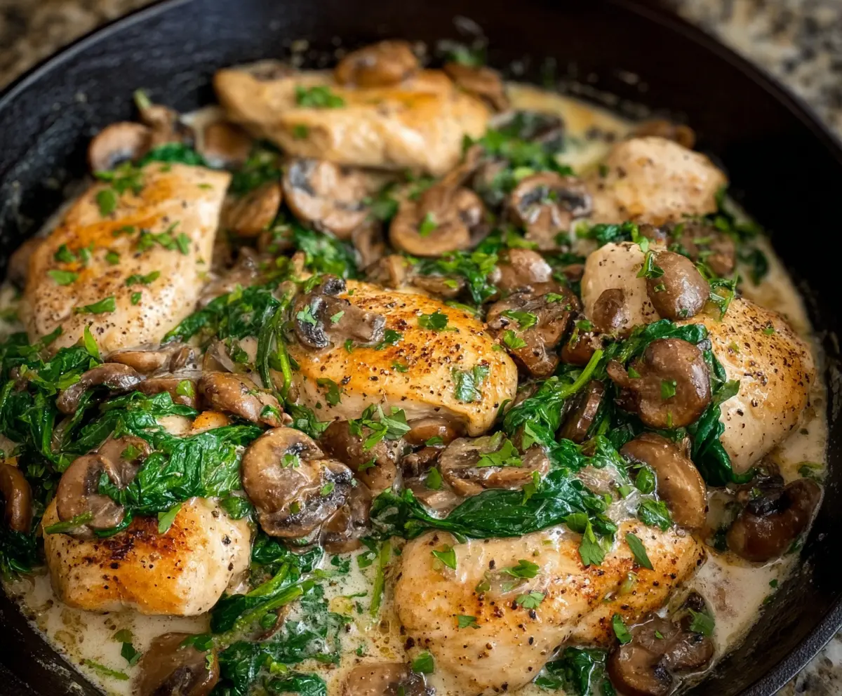 Delicious chicken mushroom spinach skillet served in a skillet with fresh herbs