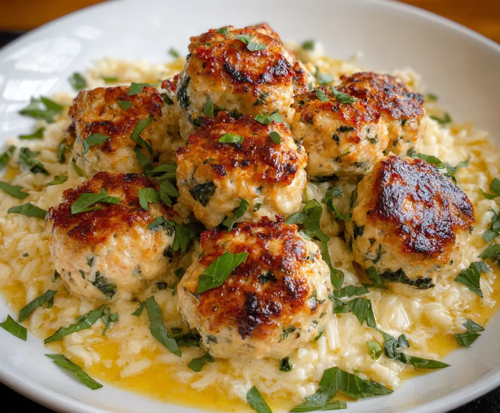 Delicious homemade chicken ricotta meatballs served with fresh herbs and marinara sauce.