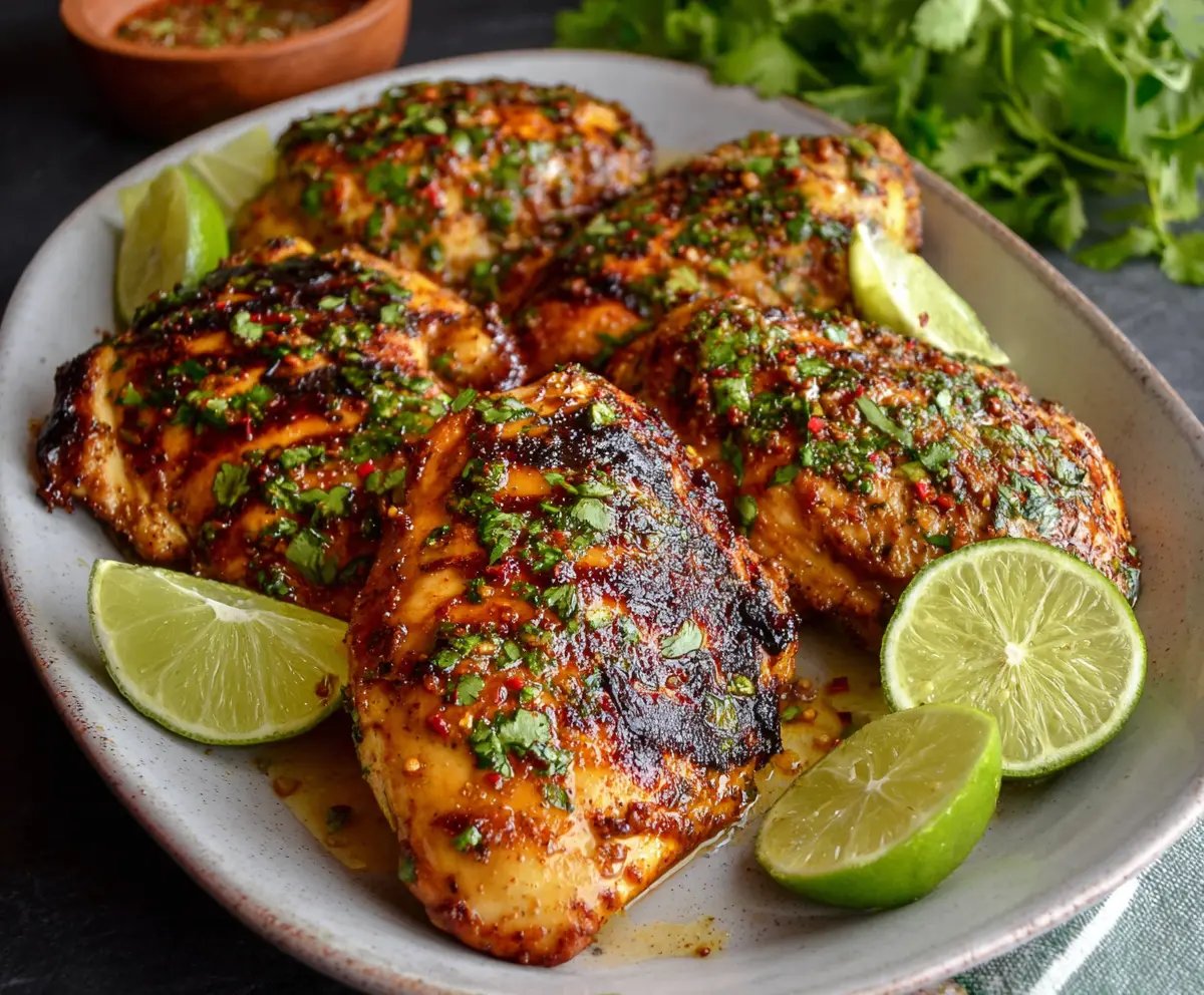 Juicy grilled chili lime chicken thighs garnished with fresh cilantro on a white plate.
