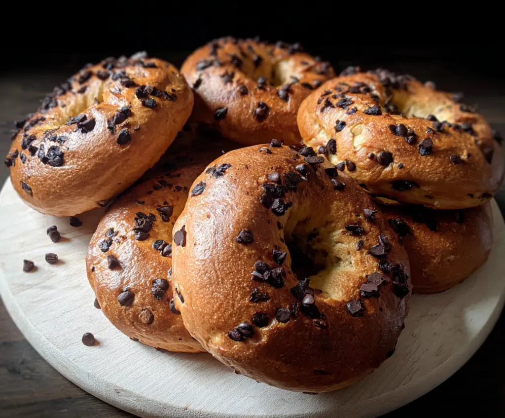 Delicious homemade chocolate chip bagels on a plate with melted butter