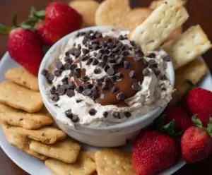 Delicious chocolate chip dessert dip served with fresh fruits and cookies for a sweet treat