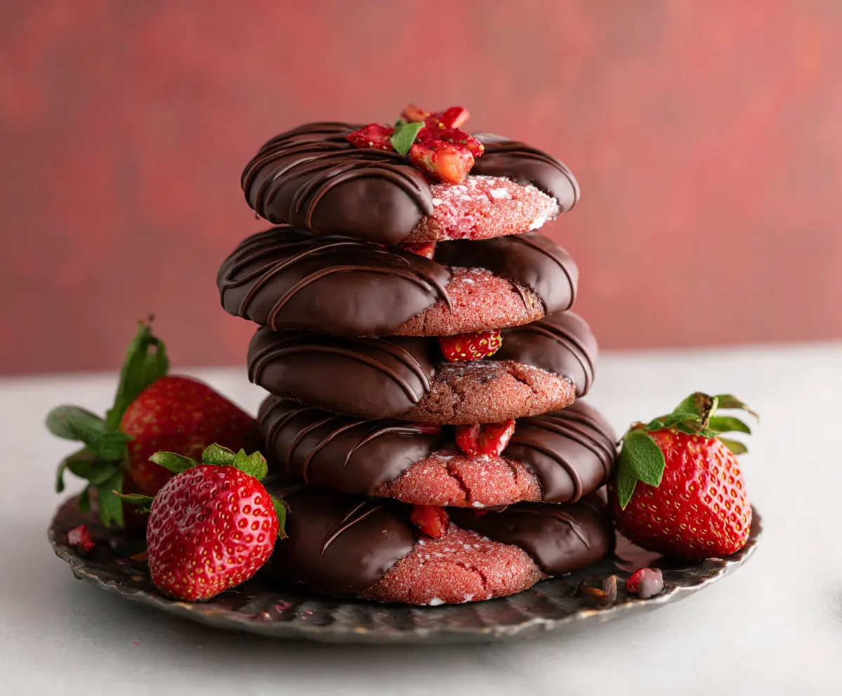 Delicious chocolate-covered strawberry cookies arranged on a white plate, showcasing their shiny chocolate glaze and fresh strawberry topping.