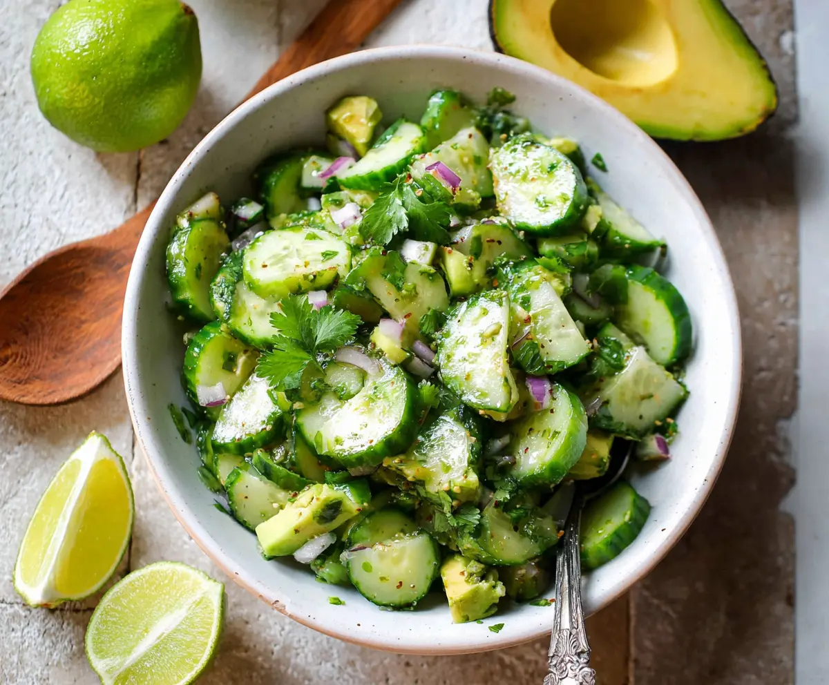 Fresh cilantro lime cucumber salad with creamy avocado slices, perfect for summer wellness.