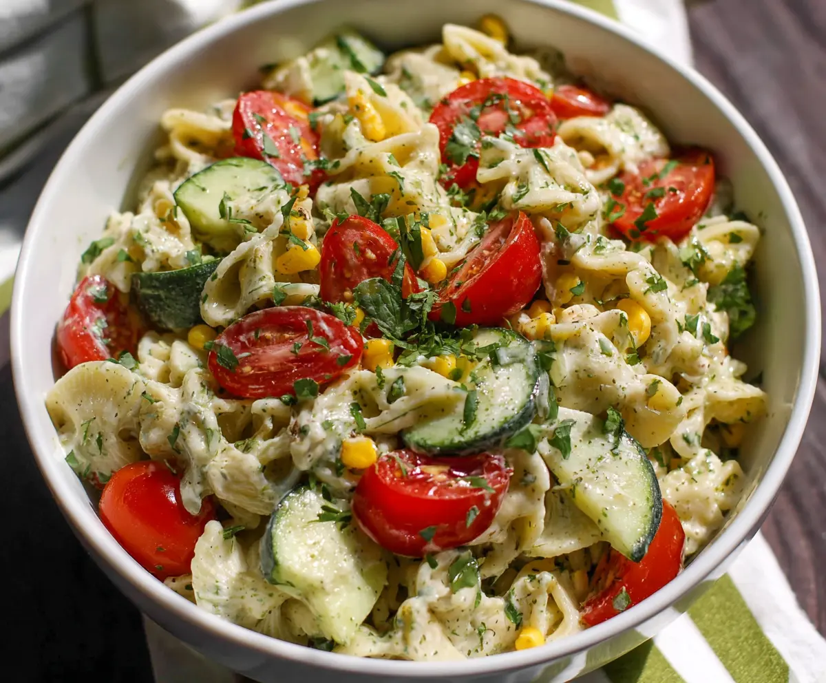 Fresh Cilantro Lime Pasta Salad in a large bowl, garnished with lime wedges and chopped cilantro for a vibrant, flavorful dish.