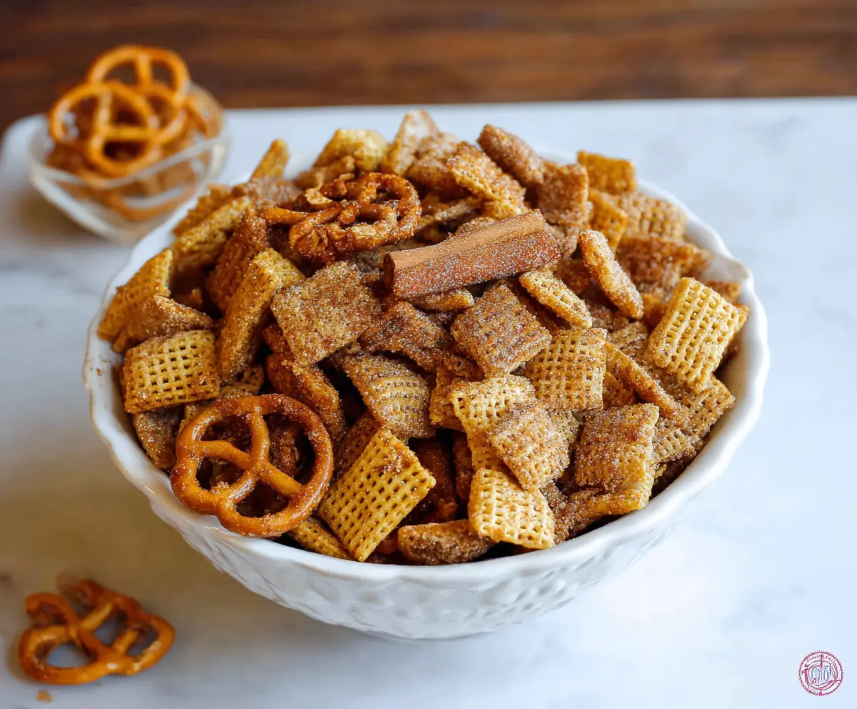 Delicious cinnamon sugar Chex Mix in a bowl, perfect for snacking.