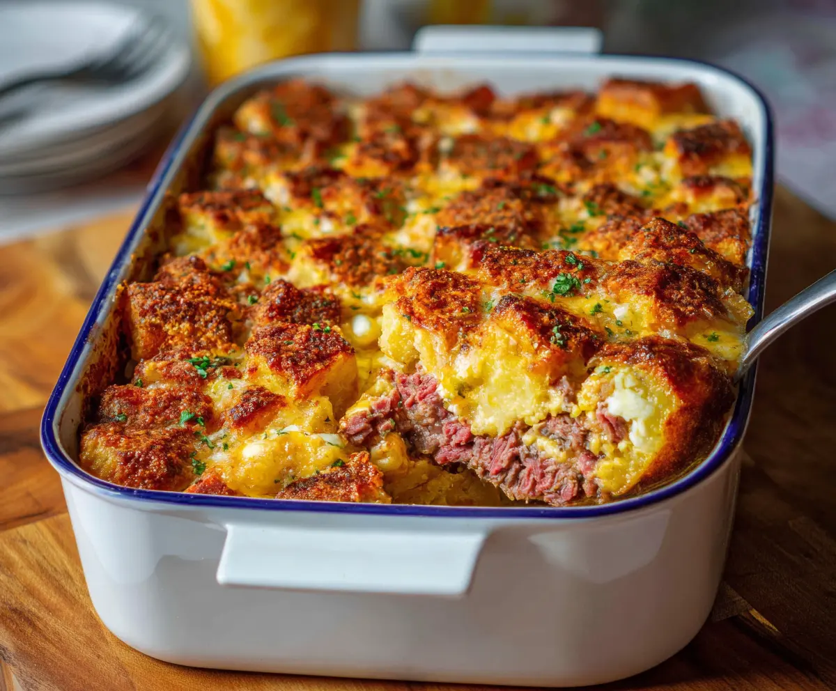 Delicious Corned Beef Casserole with potatoes and vegetables served in a colorful dish.