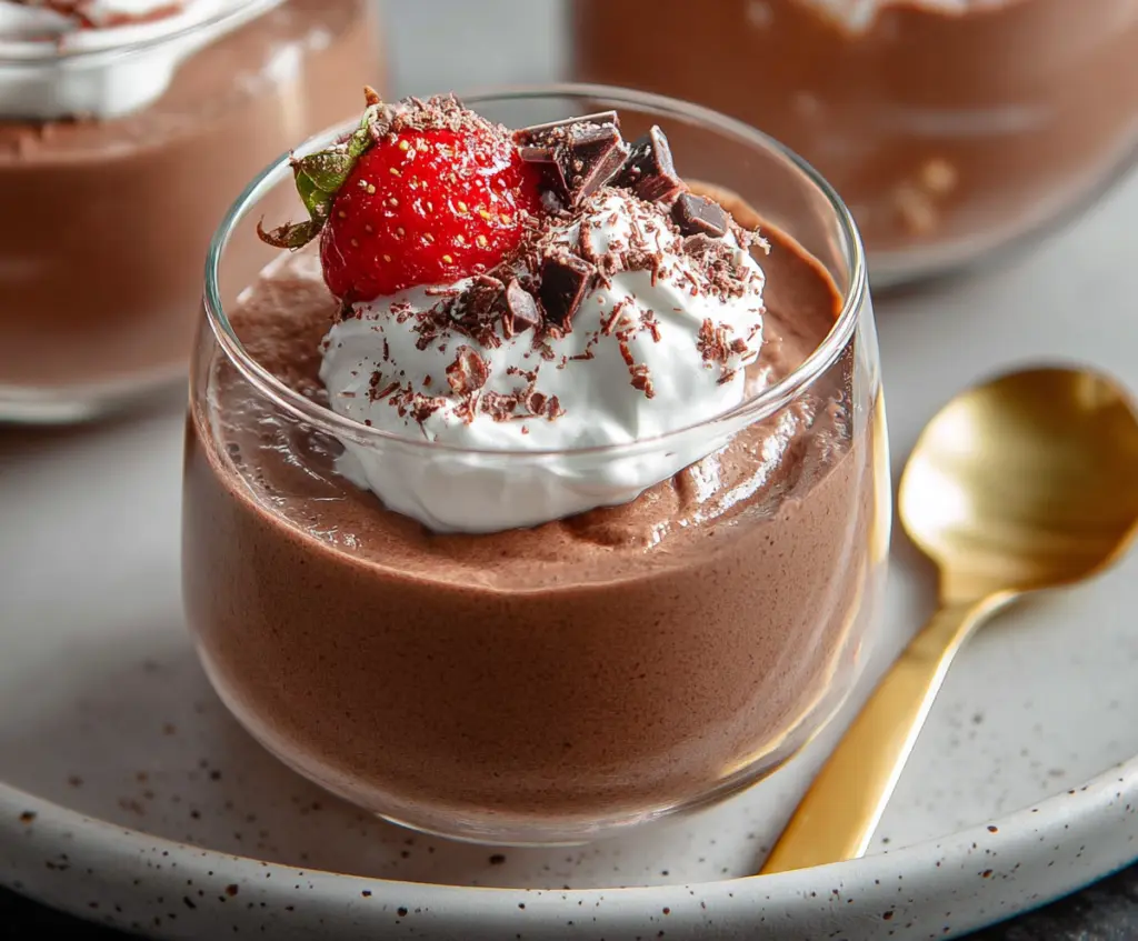 Delicious creamy cottage cheese chocolate mousse served in a glass bowl, perfect for a healthy dessert option.