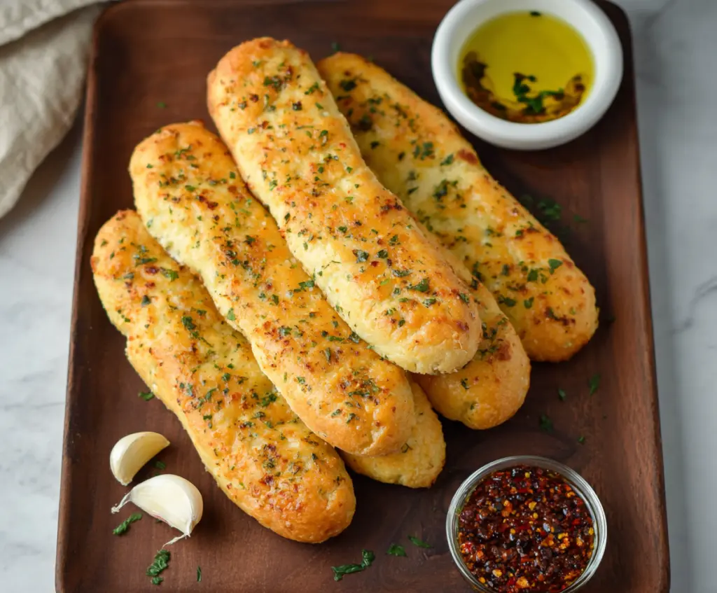 Cottage Cheese Garlic Breadsticks served with herbs on a rustic wooden table.