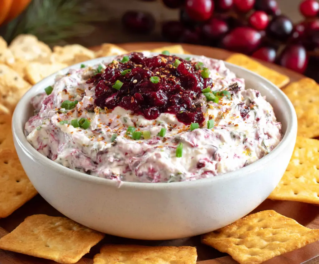 Creamy cranberry jalapeno dip garnished with fresh herbs for a spicy and tangy appetizer.