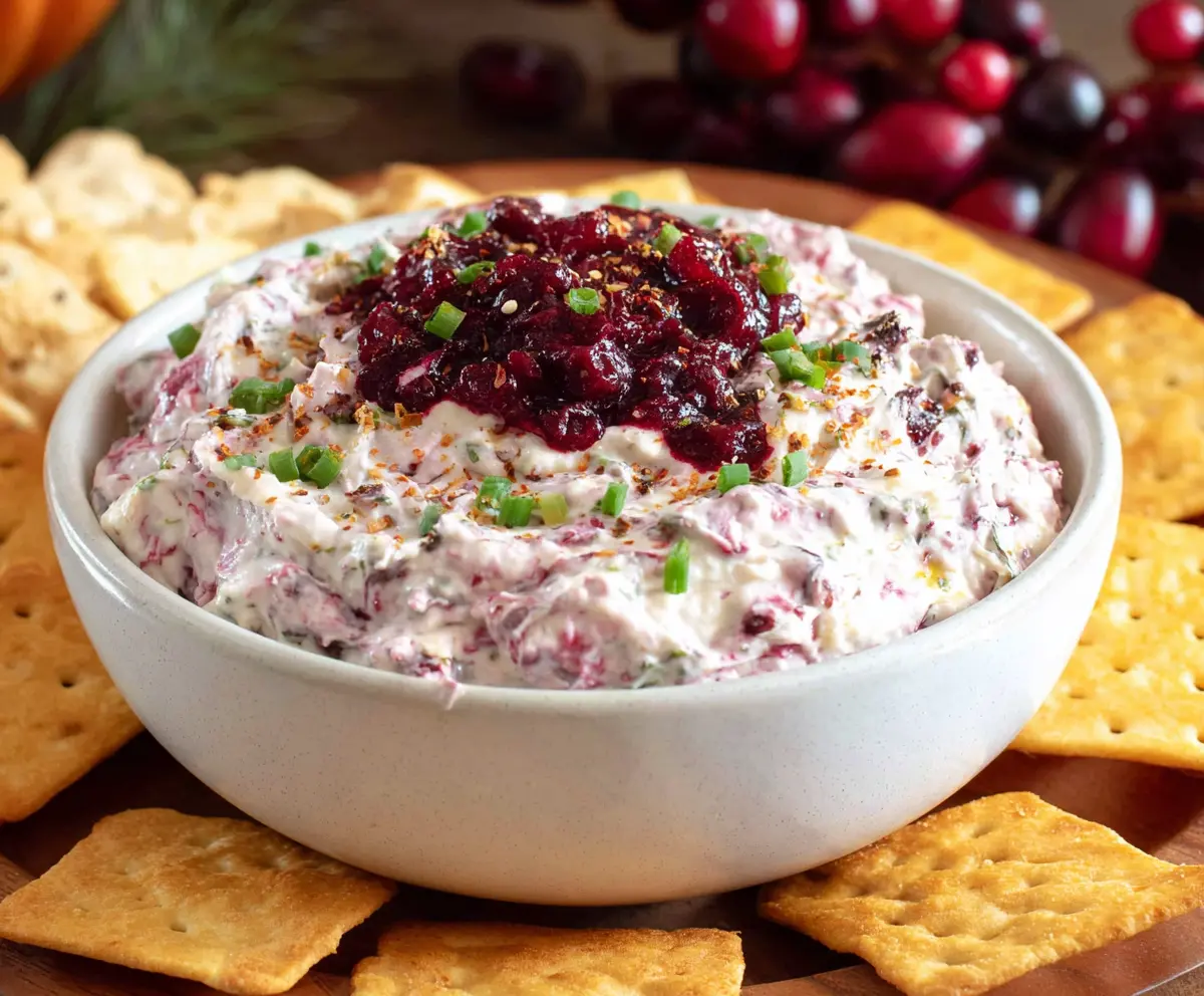 Creamy cranberry jalapeno dip garnished with fresh herbs for a spicy and tangy appetizer.