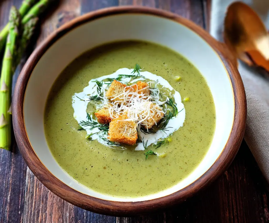 Delicious Cream Of Spring Vegetable Soup served in a bowl with fresh herbs and seasonal vegetables