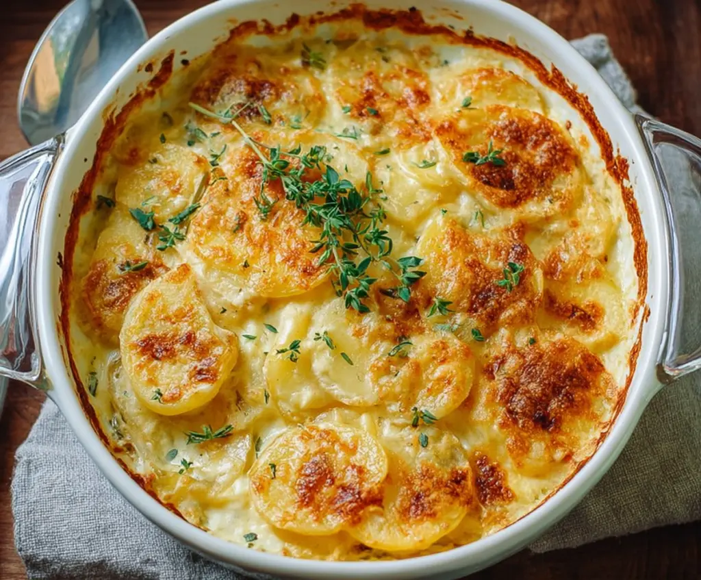 Delicious creamy au gratin potatoes baked to perfection with golden cheese topping.