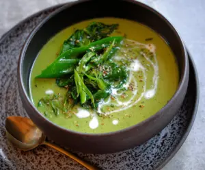 Creamy Spring Greens Soup served in a bowl with fresh herbs and crusty bread on the side.