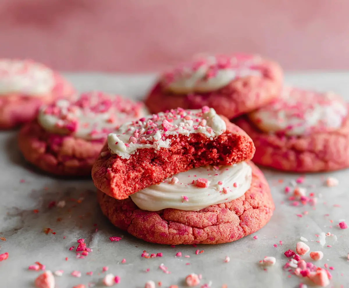 Freshly baked Crumbl Pink Velvet Cookies with creamy frosting on a decorative plate.