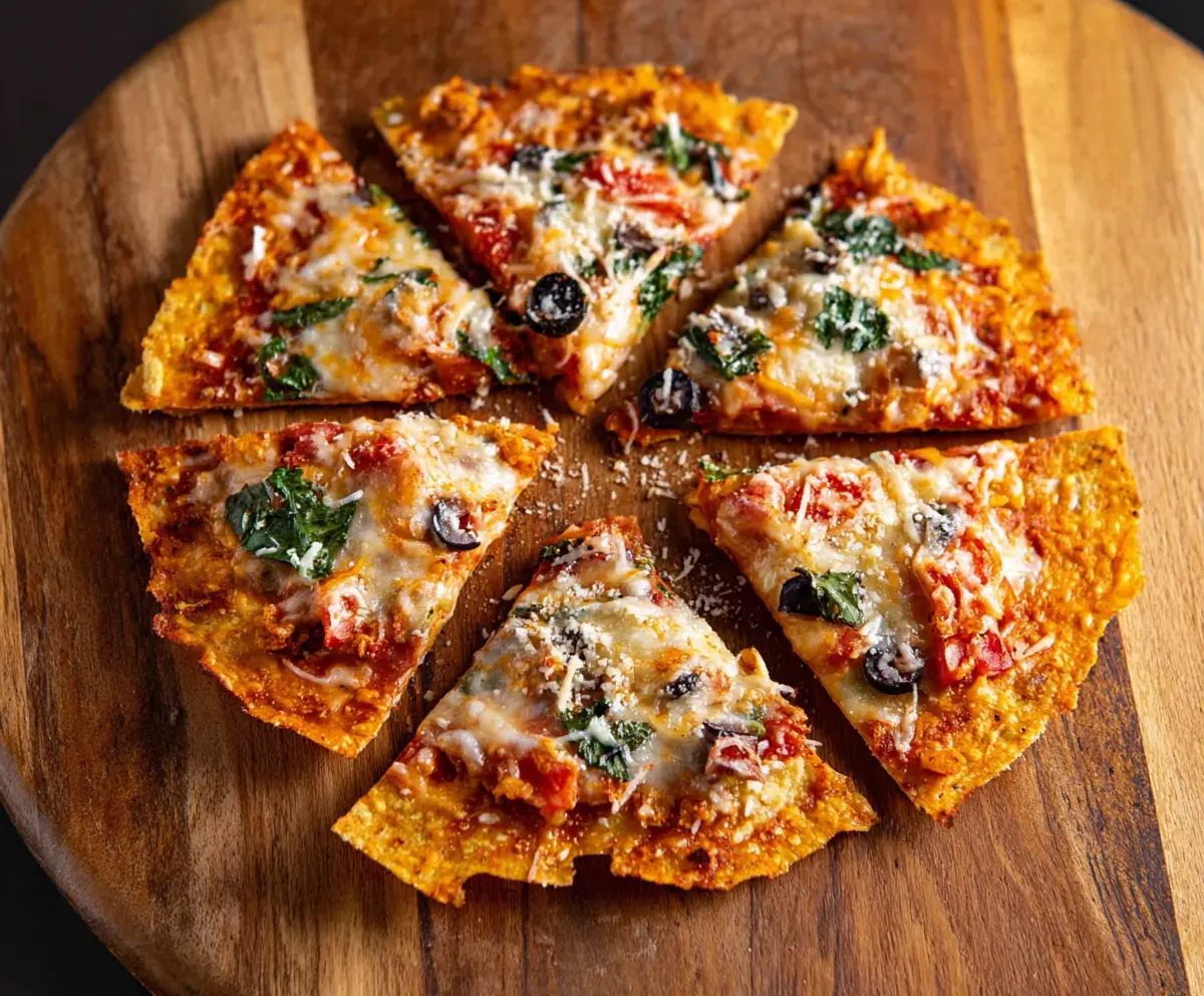 Delicious Crunchy Tortilla Pizza topped with cheese and fresh vegetables on a wooden board
