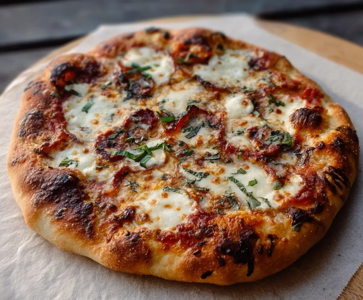 Delicious crusty sourdough pizza fresh out of the oven with melted cheese and toppings.
