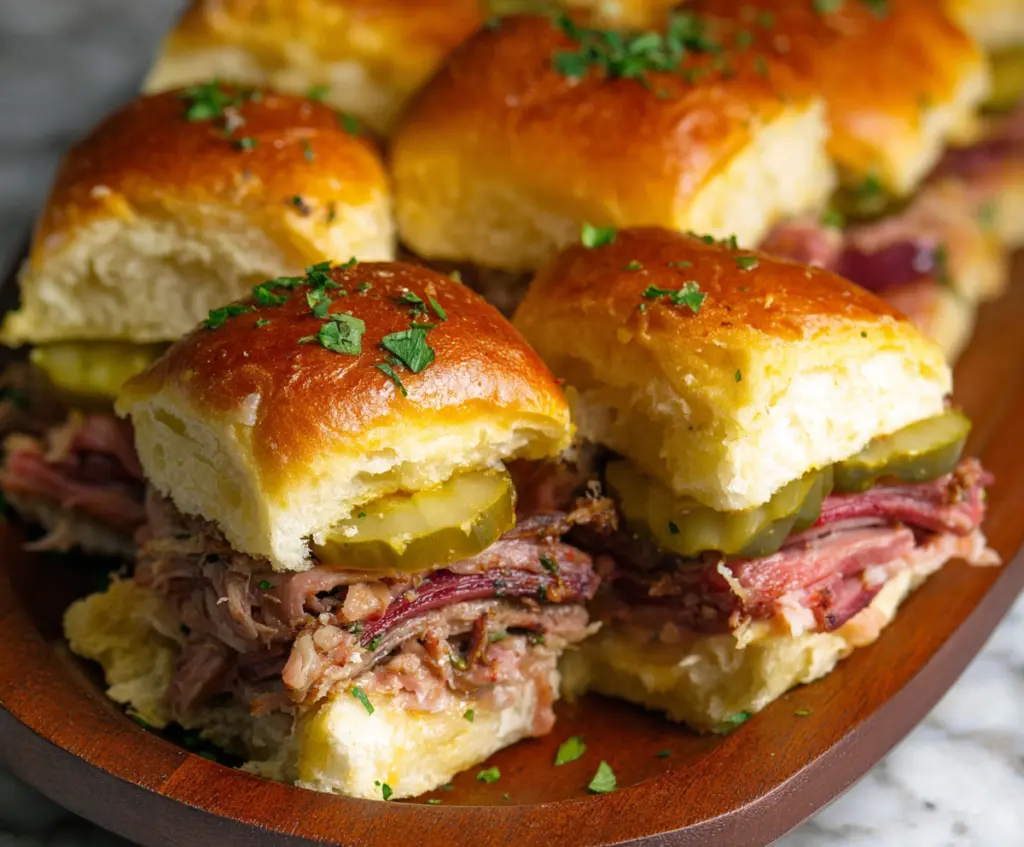 Delicious Cuban Sliders with ham, roast pork, Swiss cheese, and pickles on a soft bun.