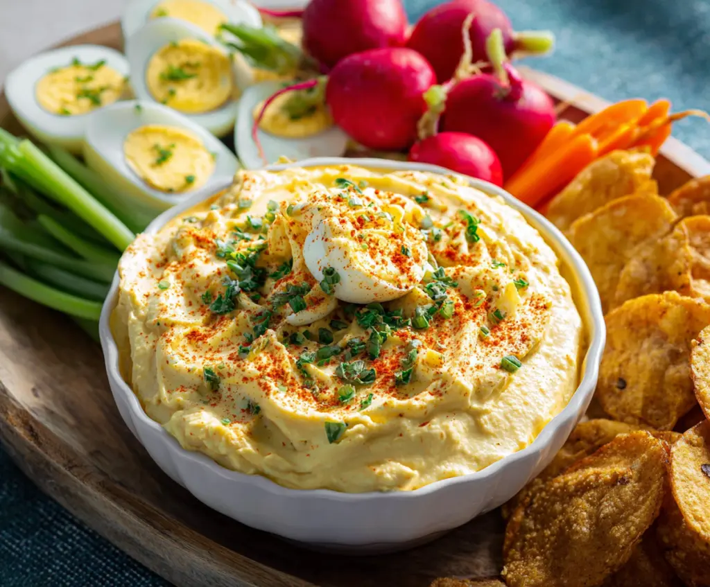 Creamy deviled eggs dip garnished with paprika and fresh herbs in a white bowl for a delicious appetizer.