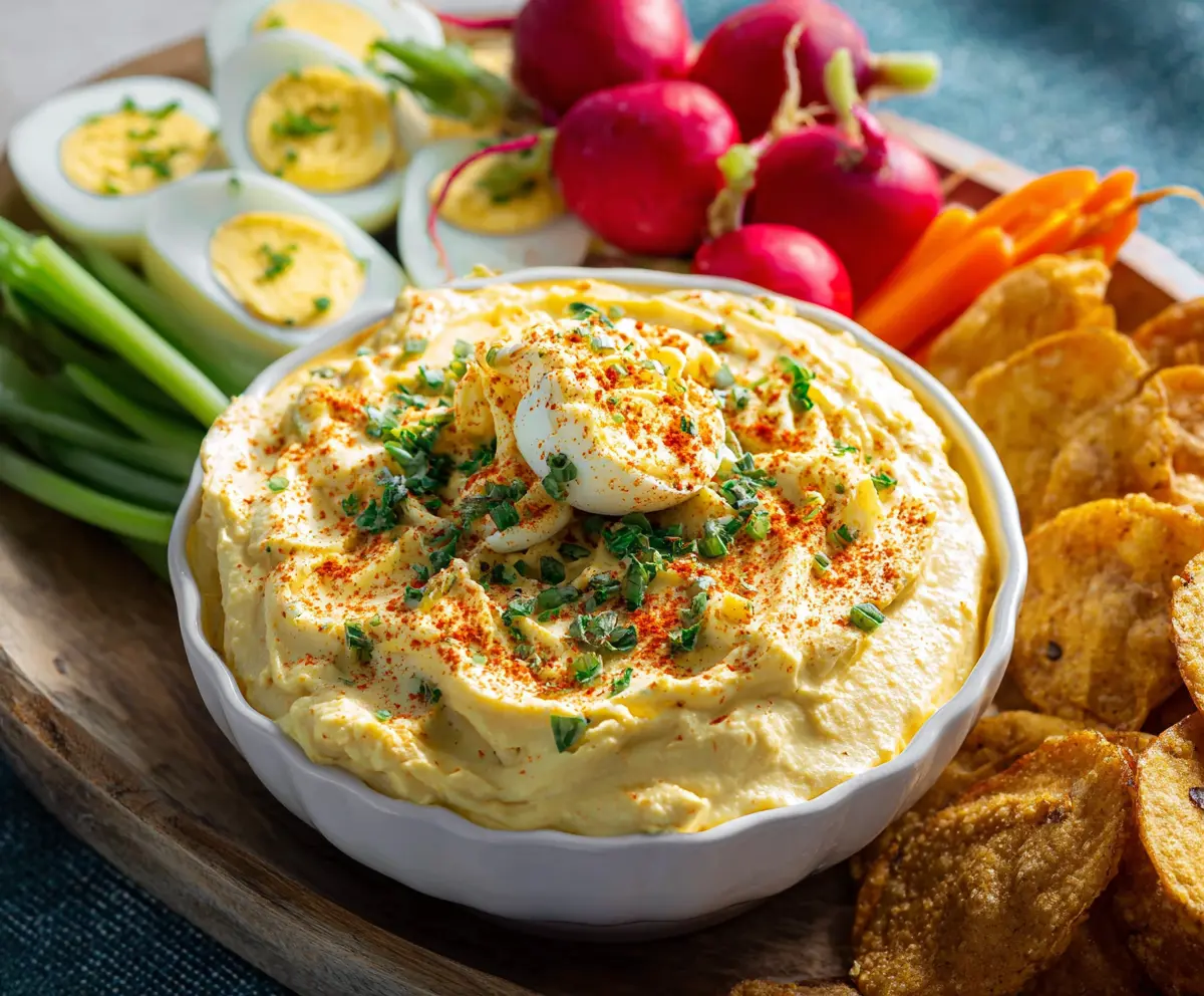 Creamy deviled eggs dip garnished with paprika and fresh herbs in a white bowl for a delicious appetizer.