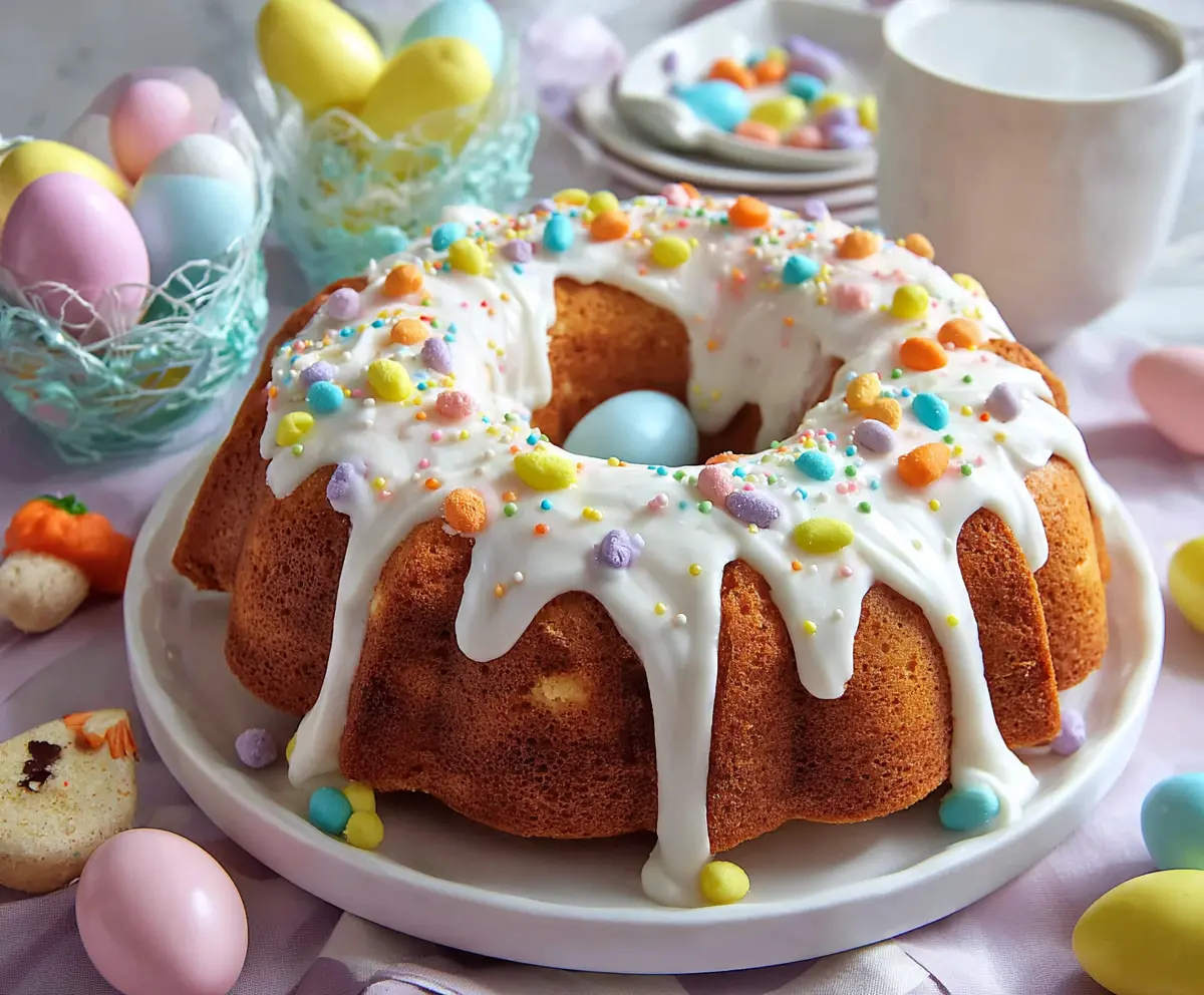 Delicious Easter Bundt Cake decorated with pastel icing and colorful sprinkles, perfect for spring celebrations