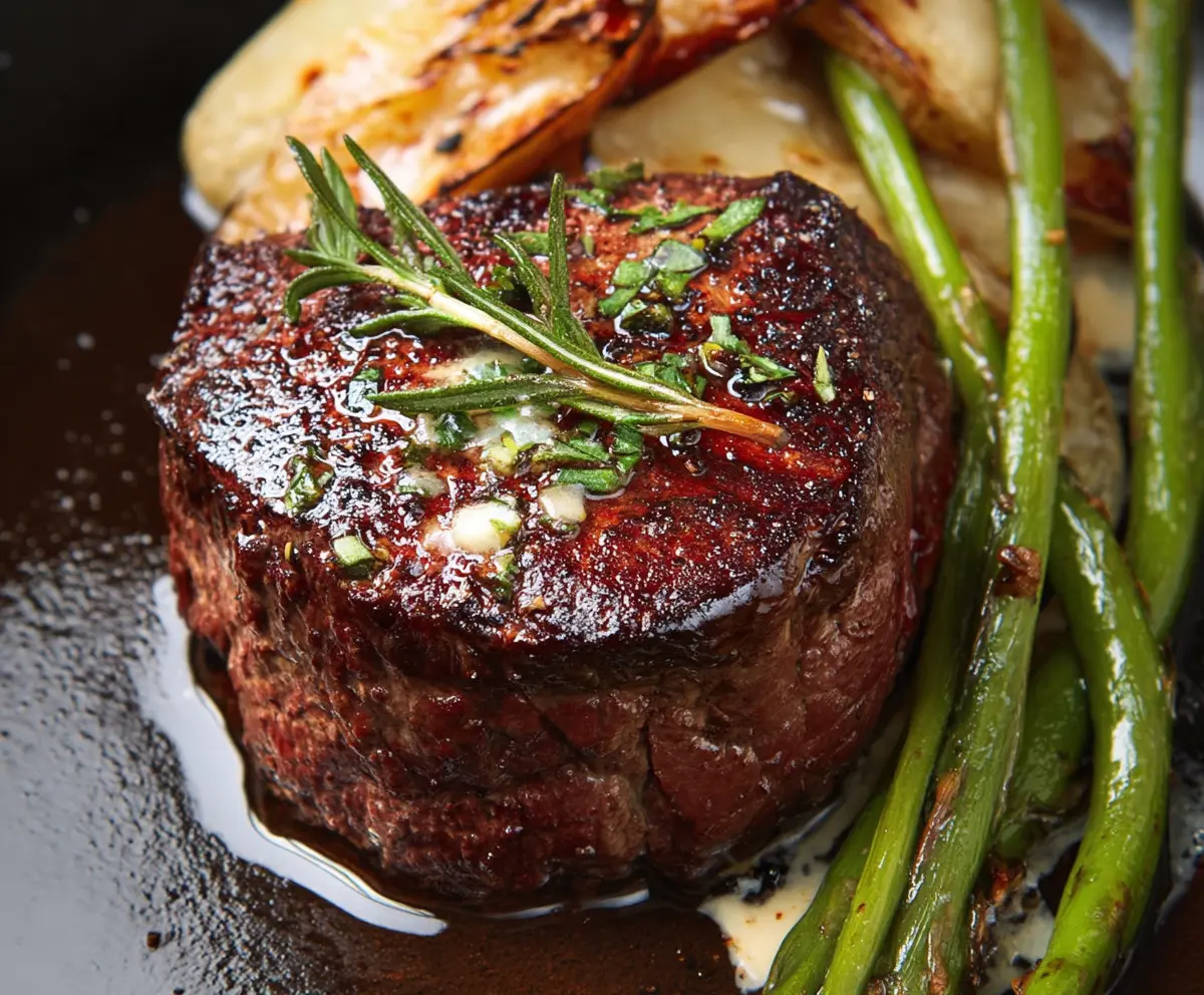 Juicy filet mignon steak cooked to perfection with a golden-brown crust on a white plate.