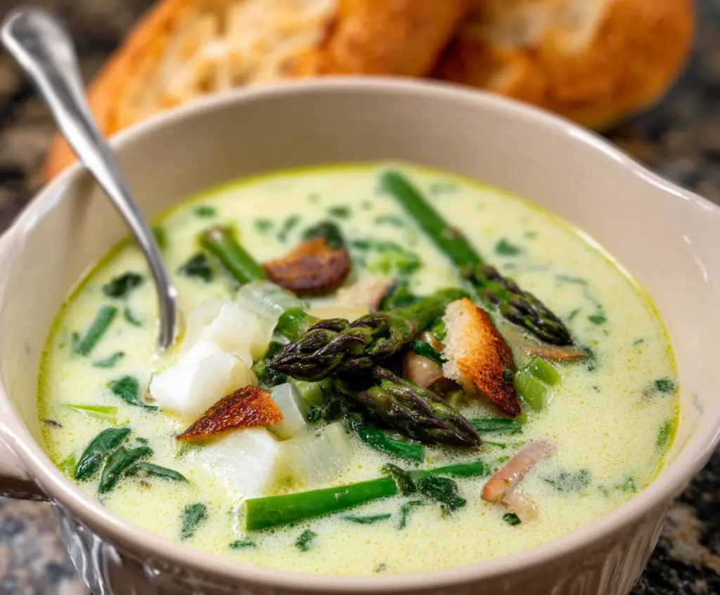 Delicious French Spring Soup with fresh vegetables in a rustic bowl.