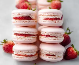 Delicious French Strawberry Macarons with vibrant pink shells and creamy filling on a white plate.
