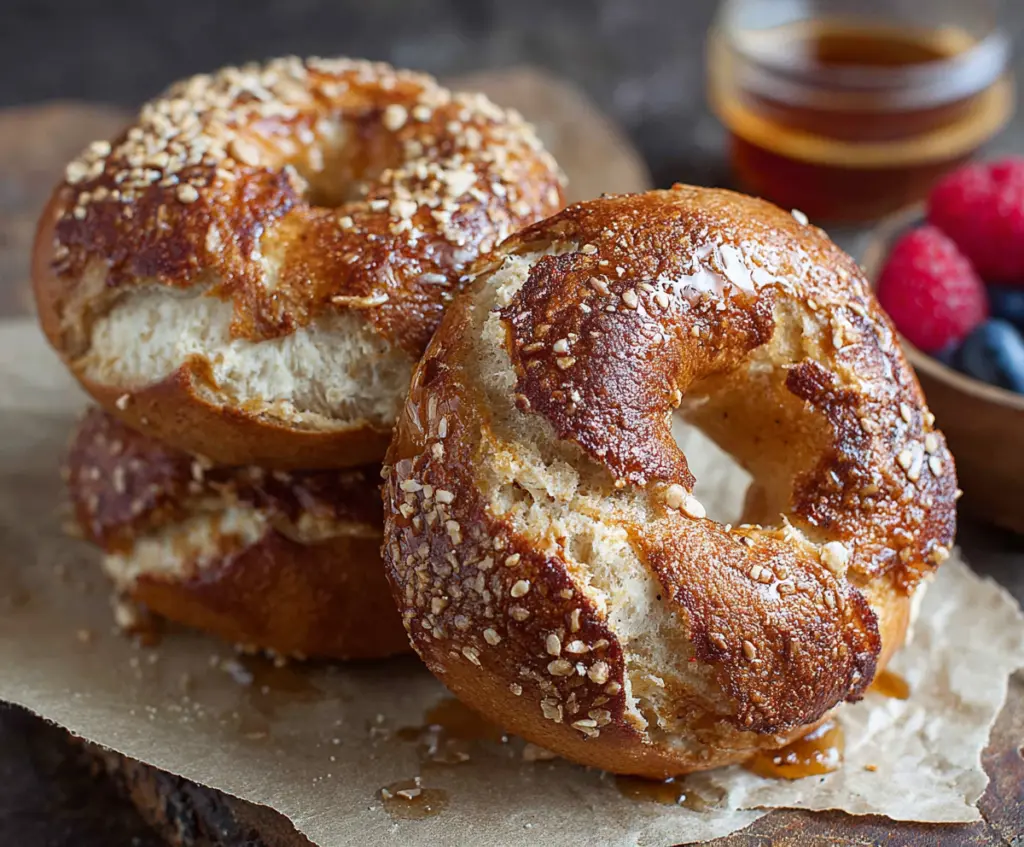 Delicious French Toast Bagels topped with powdered sugar and fresh berries for a tasty breakfast treat.