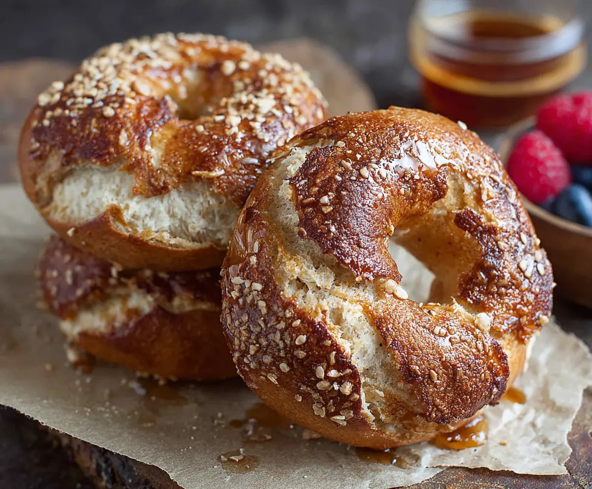 Delicious French Toast Bagels topped with powdered sugar and fresh berries for a tasty breakfast treat.
