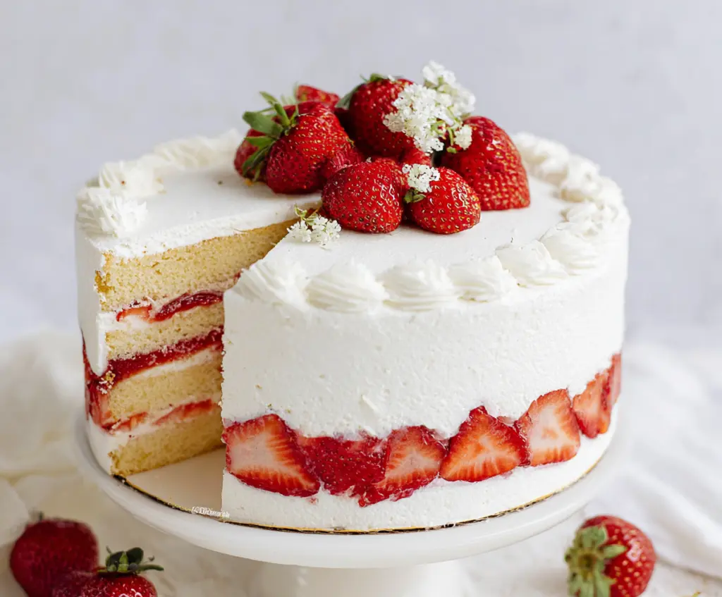 Delicious homemade fresh strawberry cake with vibrant strawberries and creamy frosting.