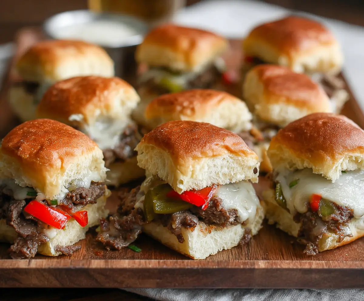 Delicious Game Day Philly Cheesesteak Sliders with melted cheese and tender beef on a serving plate.