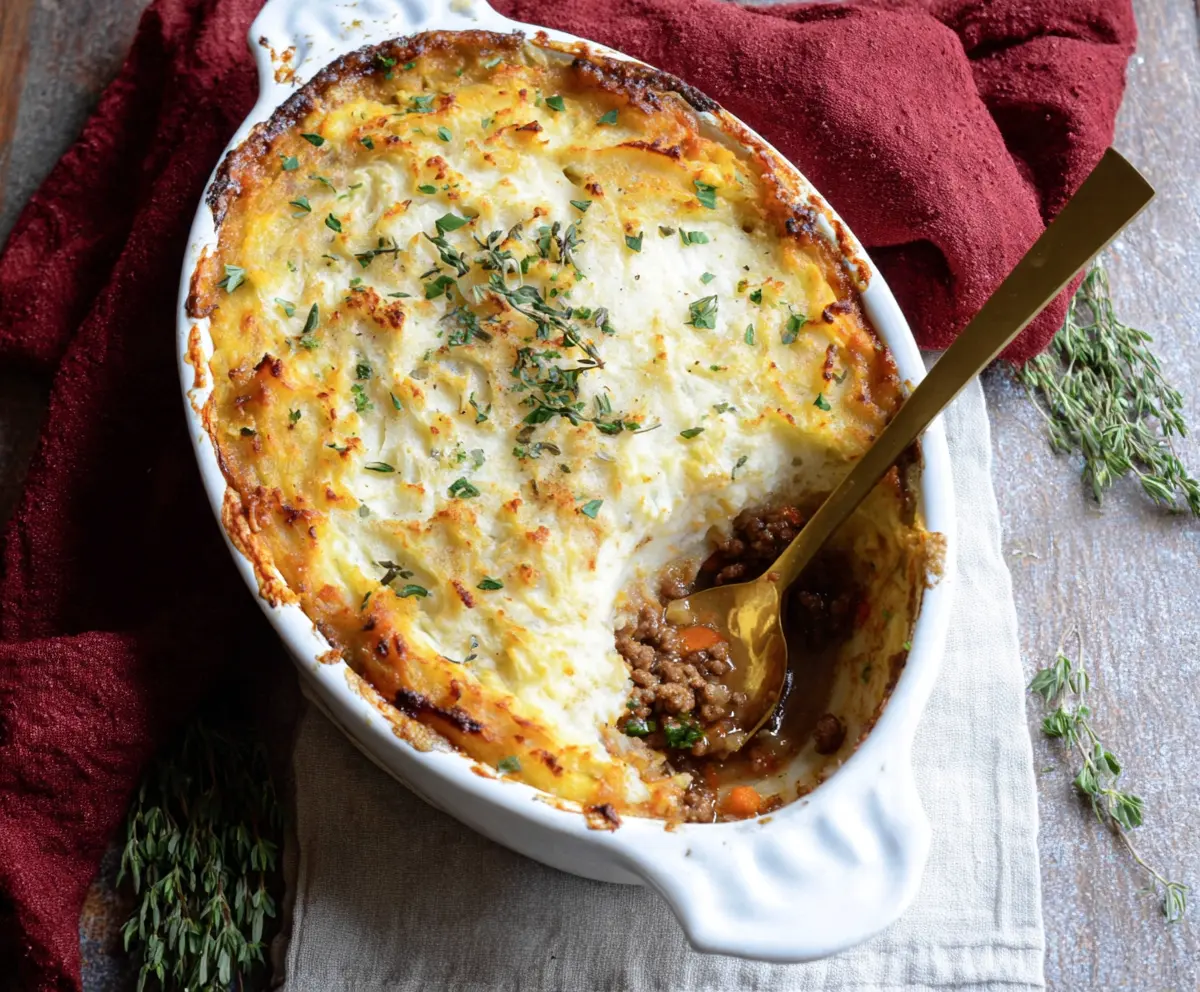 Delicious gluten-free shepherd's pie topped with mashed potatoes and fresh herbs.