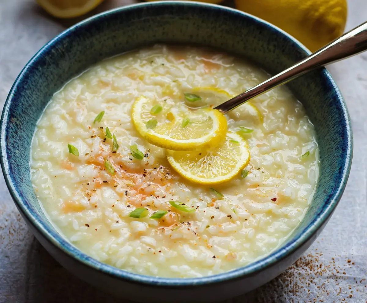 Delicious Greek Lemon Rice Soup in a bowl, garnished with fresh herbs, perfect for a comforting meal.