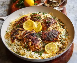 Delicious Greek lemon rice with tender chicken and fresh herbs, served on a plate.