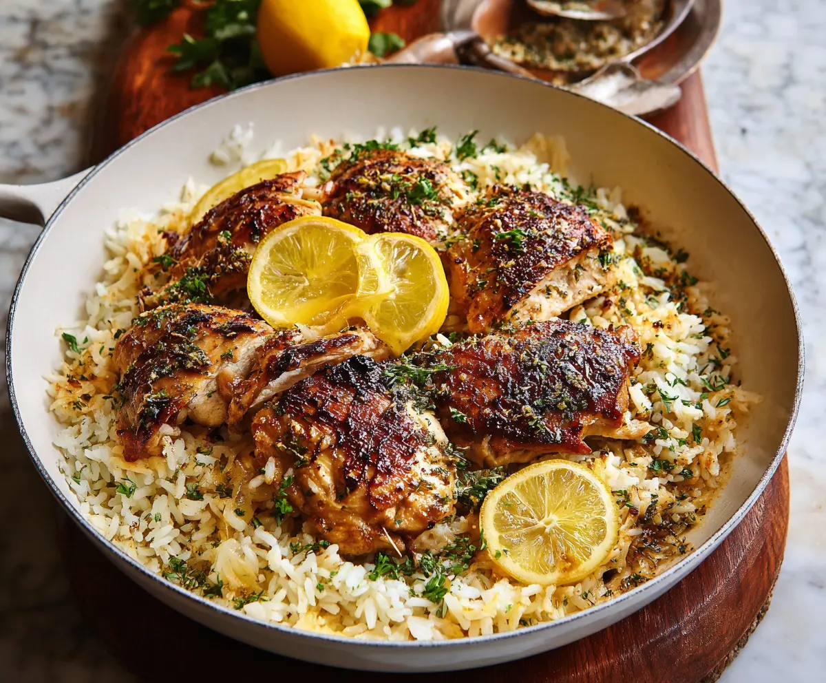 Delicious Greek lemon rice with tender chicken and fresh herbs, served on a plate.