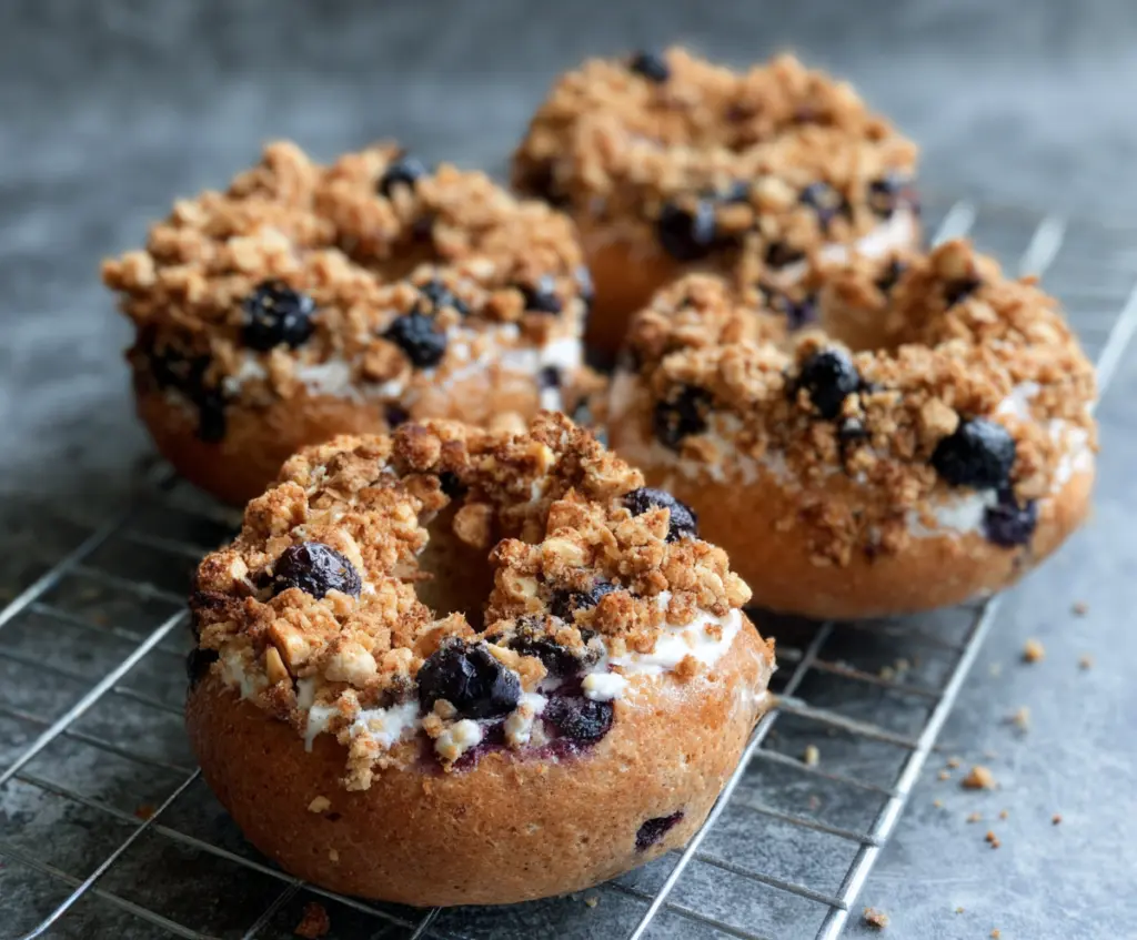 Greek Yogurt Blueberry Crunch Bagels - Delicious and healthy breakfast with fresh blueberries and crunchy toppings.