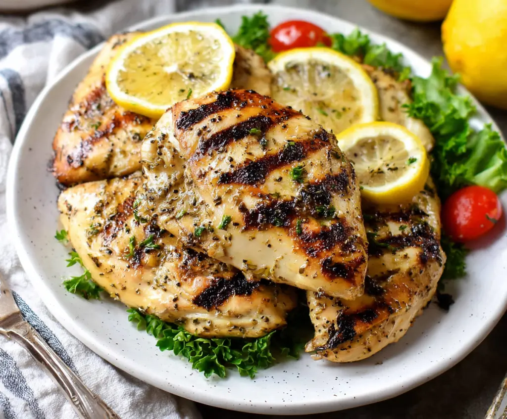 Juicy grilled lemon pepper chicken served on a plate, perfect for a flavorful barbecue meal.