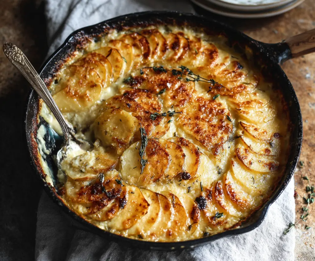 Delicious Gruyere Potato Gratin with golden melted cheese and crispy edges on a rustic platter.