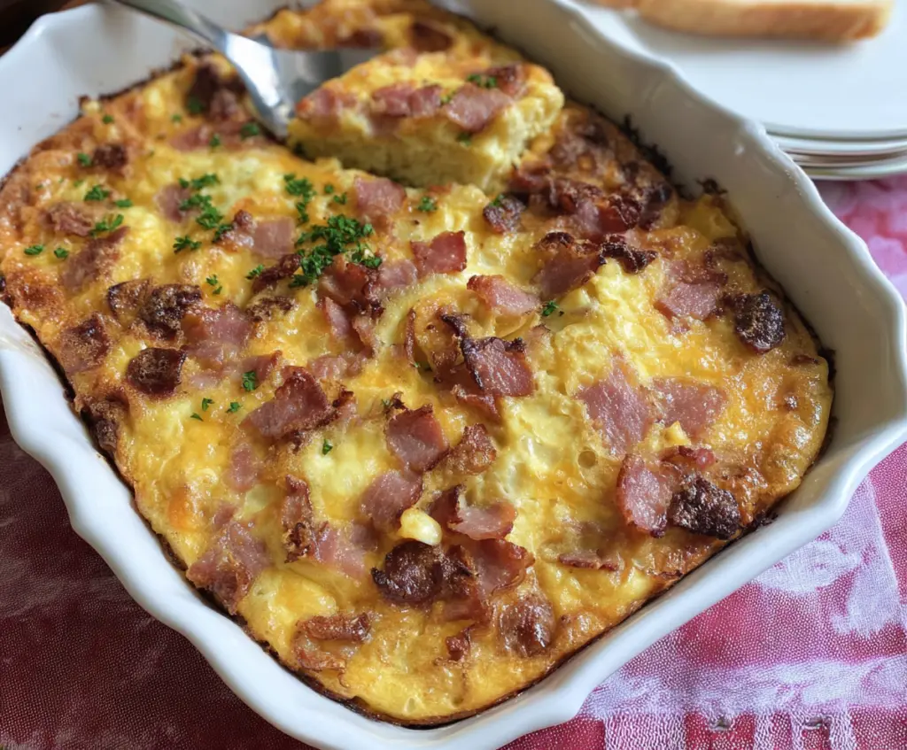 Delicious Ham Breakfast Casserole with eggs, cheese, and crispy bacon on top.