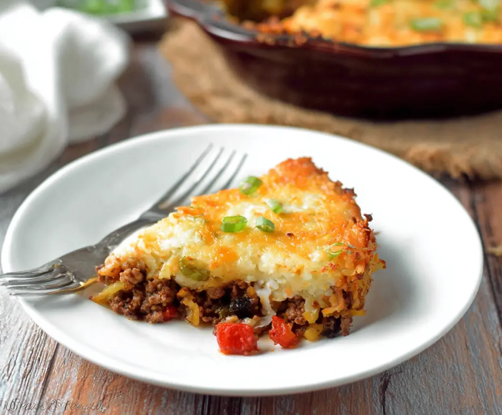 Delicious Hash Brown Shepherd's Pie with crispy mashed potato topping and savory filling