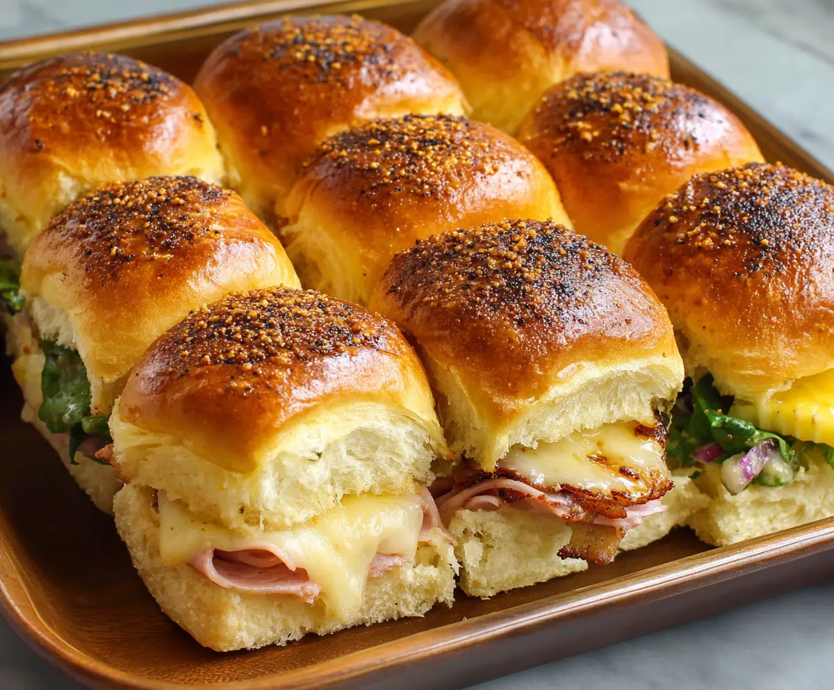 Delicious Hawaiian Roll Sliders filled with juicy ham, cheese, and fresh vegetables on a serving platter.