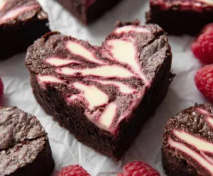 Delicious heart-shaped brownies garnished with powdered sugar on a rustic platter.