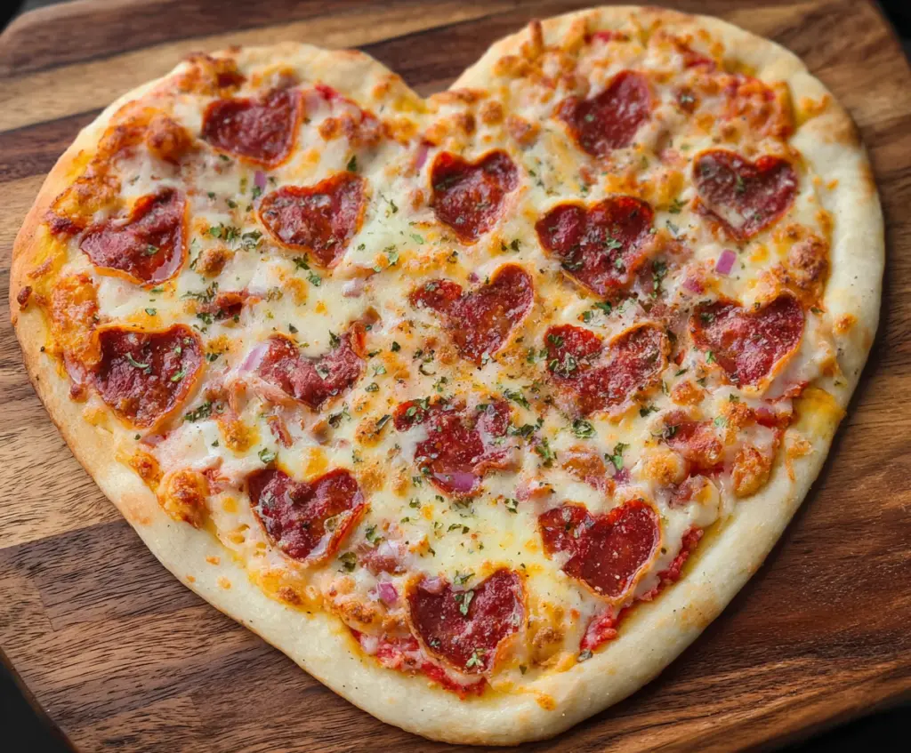 Delicious heart-shaped pizza with a golden crust and melting cheese, perfect for Valentine's Day celebration.